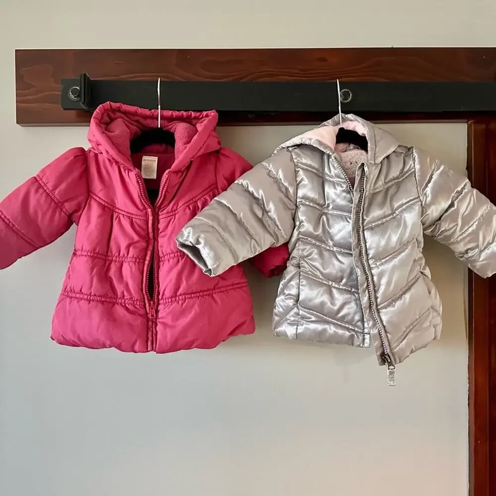 Gymboree + HealthTex Toddler Puffer Jackets Bundle | 9–12M | Pink & Silver